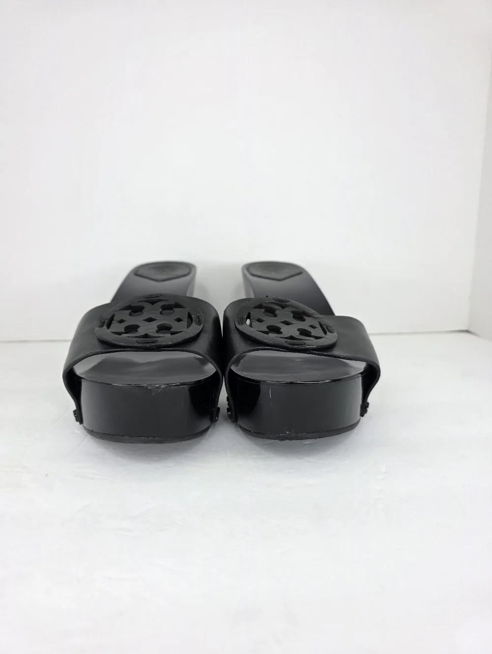 Tory Burch Patti Black Patent Slides Platform Wedge Heels Leather Sandals 9.5M